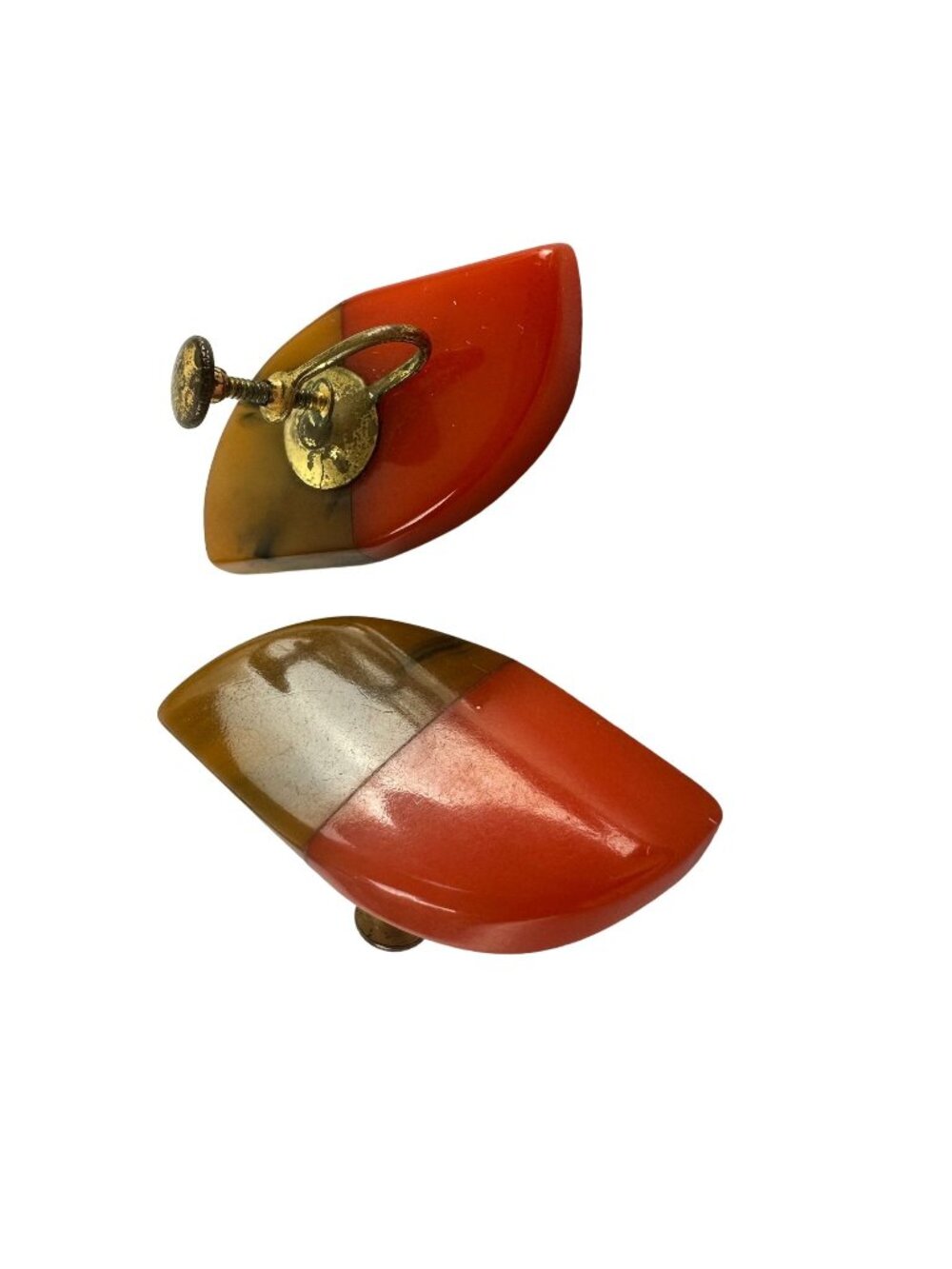 Vintage Bakelite Half-Moon Orange & Brown Screw-Back Earrings